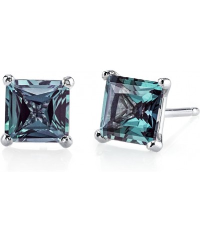 Solid 14K White Gold 2.50 Carats Created Alexandrite Stud Earrings for Women, Color-Changing Solitaire Princess Cut 6mm, Fric...