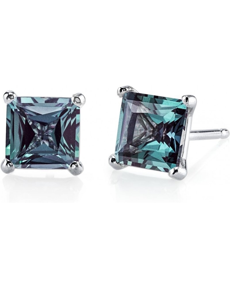 Solid 14K White Gold 2.50 Carats Created Alexandrite Stud Earrings for Women, Color-Changing Solitaire Princess Cut 6mm, Fric...