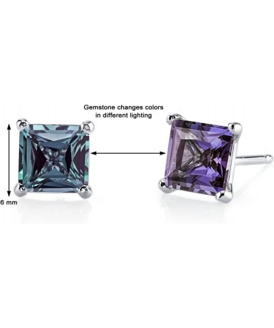 Solid 14K White Gold 2.50 Carats Created Alexandrite Stud Earrings for Women, Color-Changing Solitaire Princess Cut 6mm, Fric...