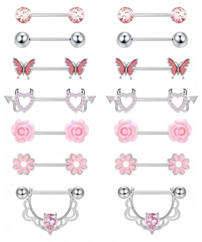 7 Pairs 14G Nipple Rings for Women 316L Stainless Steel Heart Butterfly CZ Flower Barbell Nipple Rings Set Cute Nipplerings P...