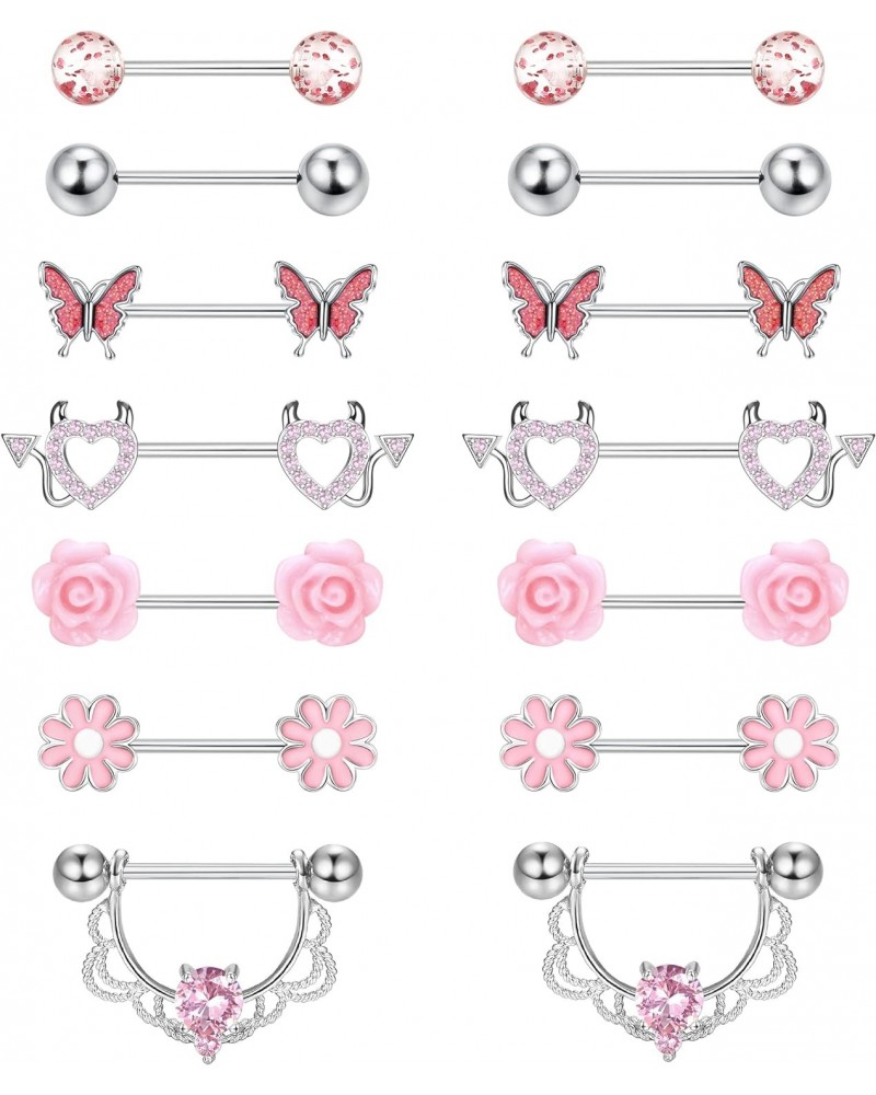 7 Pairs 14G Nipple Rings for Women 316L Stainless Steel Heart Butterfly CZ Flower Barbell Nipple Rings Set Cute Nipplerings P...