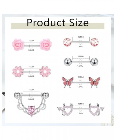 7 Pairs 14G Nipple Rings for Women 316L Stainless Steel Heart Butterfly CZ Flower Barbell Nipple Rings Set Cute Nipplerings P...