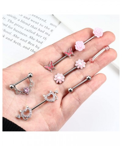 7 Pairs 14G Nipple Rings for Women 316L Stainless Steel Heart Butterfly CZ Flower Barbell Nipple Rings Set Cute Nipplerings P...