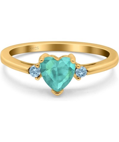 Art Deco Heart Three Stone Wedding Bridal Ring Round Aquamarine Simulated Cubic Zirconia 925 Sterling Silver Yellow Tone, Sim...