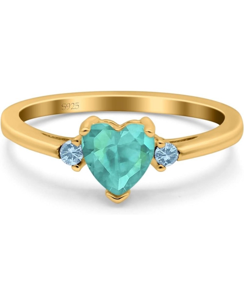 Art Deco Heart Three Stone Wedding Bridal Ring Round Aquamarine Simulated Cubic Zirconia 925 Sterling Silver Yellow Tone, Sim...