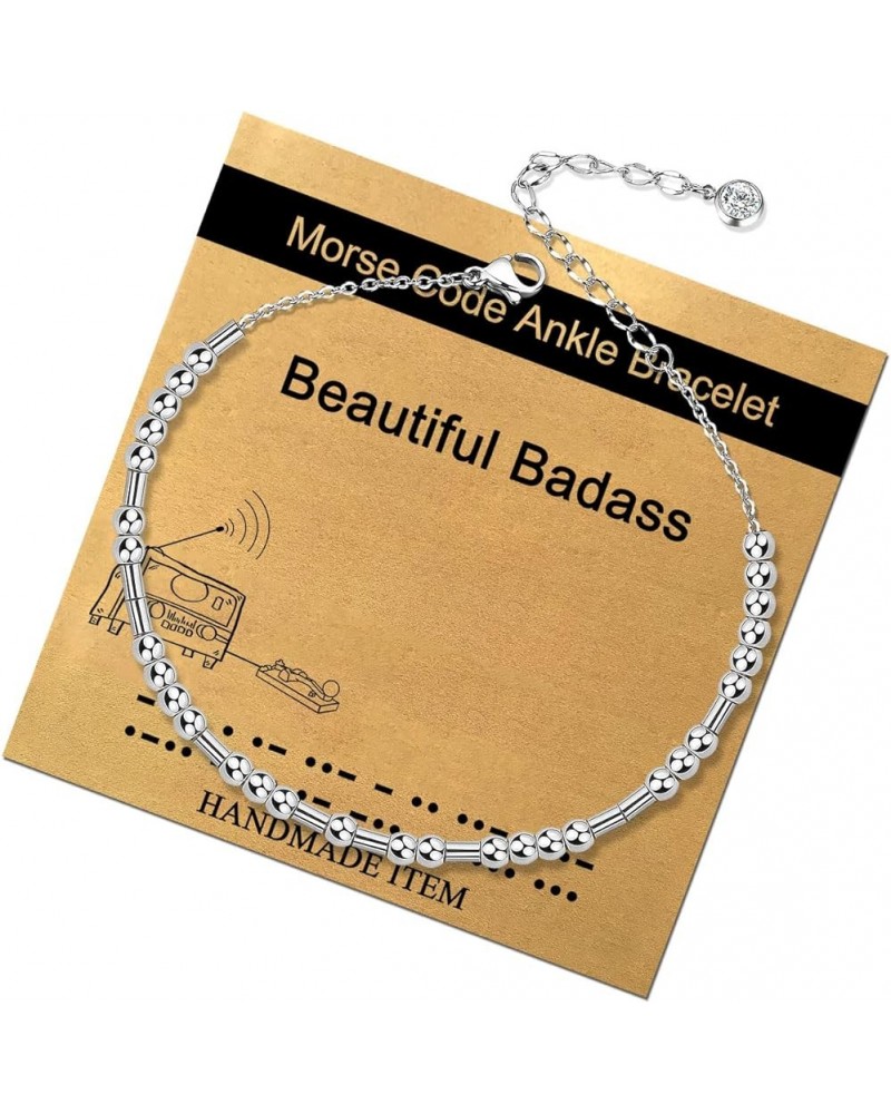 Morse Code Silver Anklet for Women,Beaded Chain Ankle Bracelets for Women Girls Mother Daughter Sister Friend Dainty Inspirat...