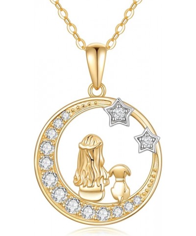 14K Solid Gold Girl and Dog&Cat Under The Moon Necklace Star Necklaces for Women Yellow Gold Necklaces for Wife Girlfriend St...