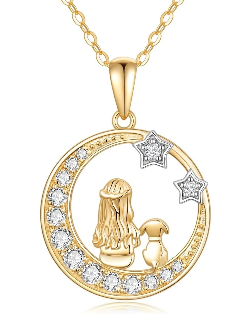 14K Solid Gold Girl and Dog&Cat Under The Moon Necklace Star Necklaces for Women Yellow Gold Necklaces for Wife Girlfriend St...