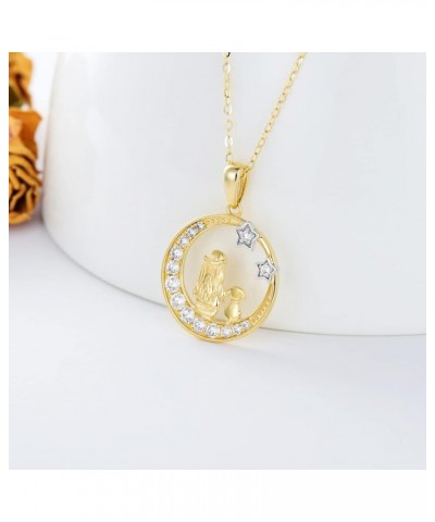 14K Solid Gold Girl and Dog&Cat Under The Moon Necklace Star Necklaces for Women Yellow Gold Necklaces for Wife Girlfriend St...