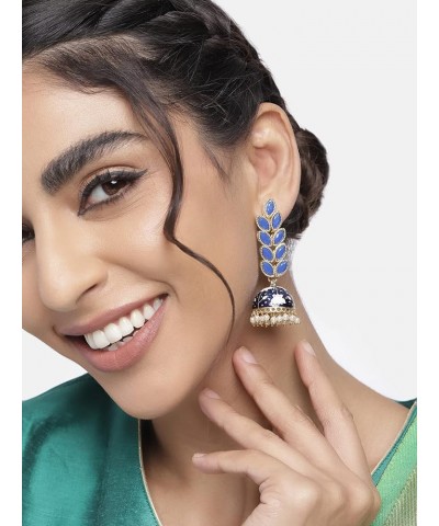 18k Gold Plated Indian Wedding Bollywood Enamel Leaf Shape Jhumki Earring For Women (E2922) Blue $13.92 Earrings