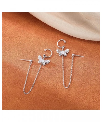 925 Sterling Silver Elegant Butterfly Cuff Earrings Chain for Women Teen Girls Butterfly Earrings Crawler Earrings Wrap A-Sil...