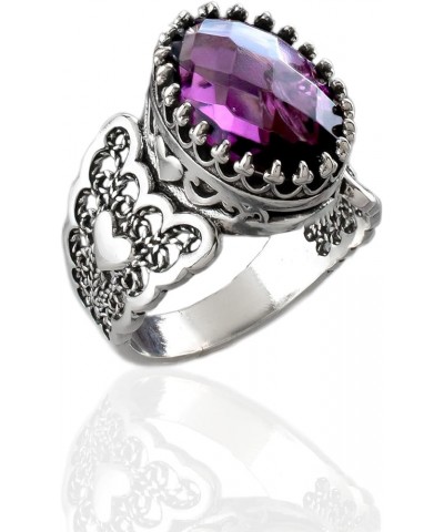 925 Sterling Silver Handcrafted Filigre Art Double Heart Detailed Women Cocktail Ring with Gemstones Amethyst $28.80 Rings