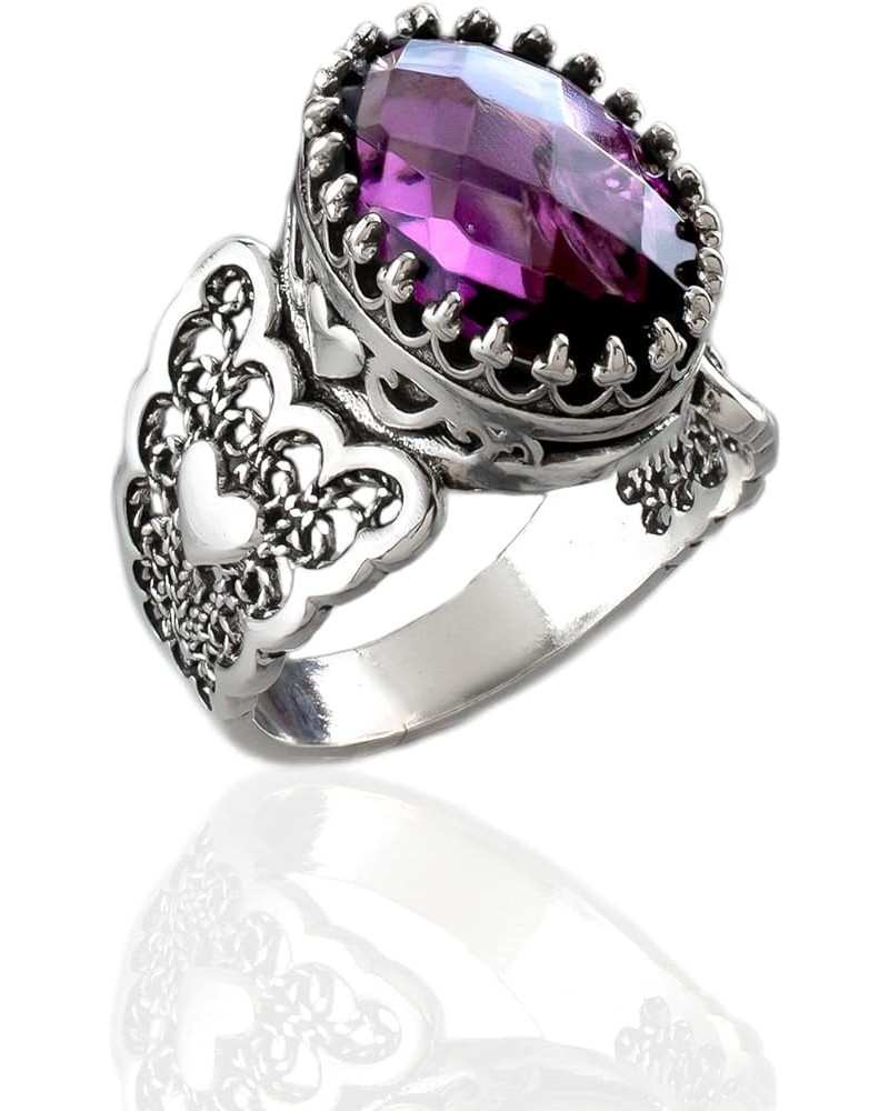 925 Sterling Silver Handcrafted Filigre Art Double Heart Detailed Women Cocktail Ring with Gemstones Amethyst $28.80 Rings