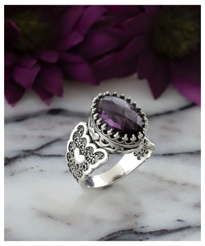 925 Sterling Silver Handcrafted Filigre Art Double Heart Detailed Women Cocktail Ring with Gemstones Amethyst $28.80 Rings