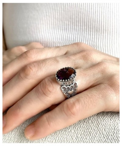 925 Sterling Silver Handcrafted Filigre Art Double Heart Detailed Women Cocktail Ring with Gemstones Amethyst $28.80 Rings