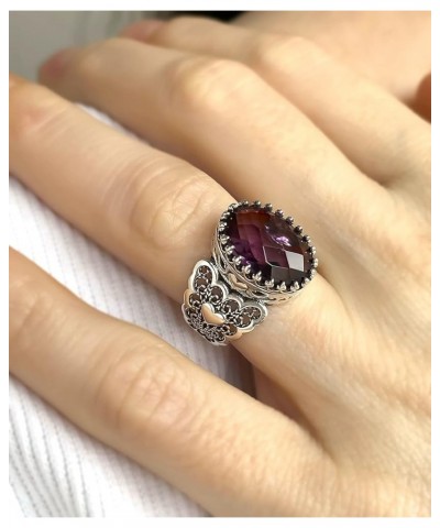 925 Sterling Silver Handcrafted Filigre Art Double Heart Detailed Women Cocktail Ring with Gemstones Amethyst $28.80 Rings