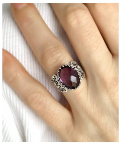 925 Sterling Silver Handcrafted Filigre Art Double Heart Detailed Women Cocktail Ring with Gemstones Amethyst $28.80 Rings