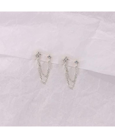 Dangling Earrings,4 Prong CZ Round Stud With Chain Cuff S925 Sterling Silver Earrings for Women Girls Cartilage Double Pierci...