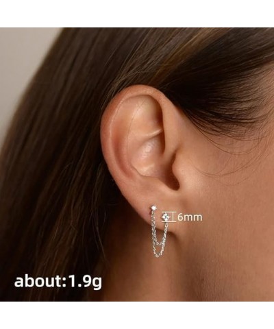 Dangling Earrings,4 Prong CZ Round Stud With Chain Cuff S925 Sterling Silver Earrings for Women Girls Cartilage Double Pierci...