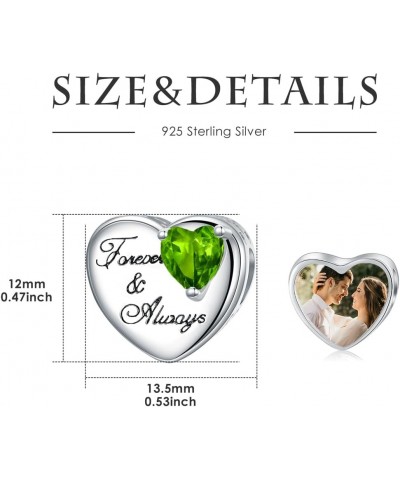 925 Sterling Silver Personalized Photo Charm Forever & Always Heart Cut Gemstone Birthstone Bead Charm for Bracelet Peridot $...