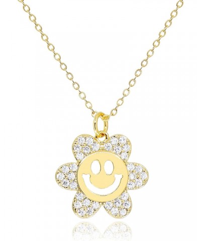 Smile Flower Pendant Necklace for Women 18K Gold Plated CZ Rhinestone Smiley Face Sun Flower Charm Cute Preppy Jewerly Gifts ...