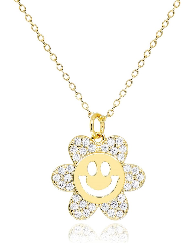 Smile Flower Pendant Necklace for Women 18K Gold Plated CZ Rhinestone Smiley Face Sun Flower Charm Cute Preppy Jewerly Gifts ...