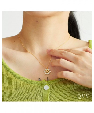 Smile Flower Pendant Necklace for Women 18K Gold Plated CZ Rhinestone Smiley Face Sun Flower Charm Cute Preppy Jewerly Gifts ...