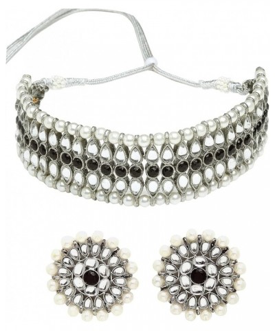 Handcrafted Oxidised Silver Kundan And Pearl Studded Choker Necklace Set Black $15.18 Necklaces