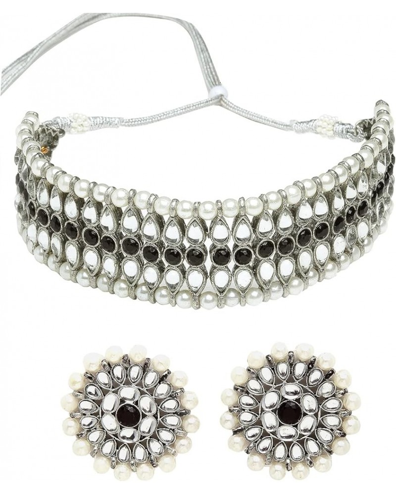 Handcrafted Oxidised Silver Kundan And Pearl Studded Choker Necklace Set Black $15.18 Necklaces