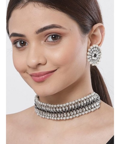 Handcrafted Oxidised Silver Kundan And Pearl Studded Choker Necklace Set Black $15.18 Necklaces