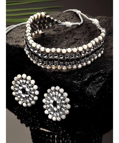 Handcrafted Oxidised Silver Kundan And Pearl Studded Choker Necklace Set Black $15.18 Necklaces