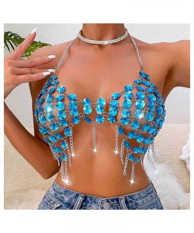 Boho Body Chain for Women Crystal Tassel Blue Bikini Jewelry Beach Rave Party Body Accessories Rhinestone Bra $15.48 Body Jew...