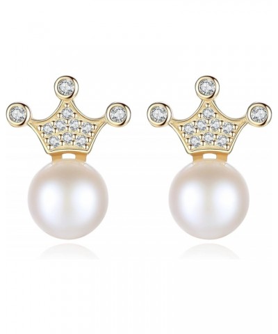 Gold Plated 925 Sterling Silver Dainty Queen Crown 7-7.5mm Freshwater Cultured White Pearl Stud Earrings with Clear Cubic Zir...