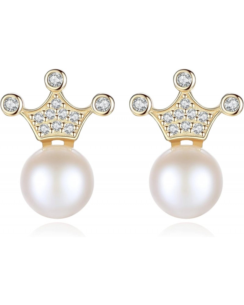 Gold Plated 925 Sterling Silver Dainty Queen Crown 7-7.5mm Freshwater Cultured White Pearl Stud Earrings with Clear Cubic Zir...