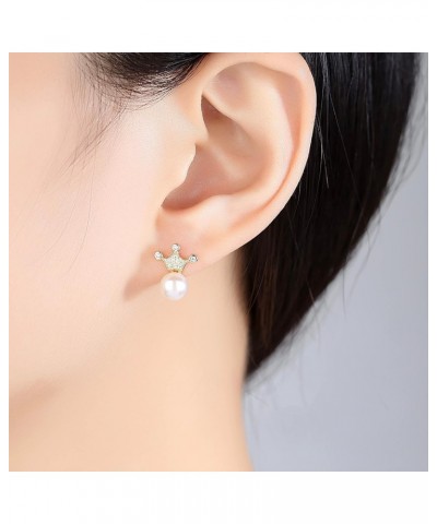 Gold Plated 925 Sterling Silver Dainty Queen Crown 7-7.5mm Freshwater Cultured White Pearl Stud Earrings with Clear Cubic Zir...