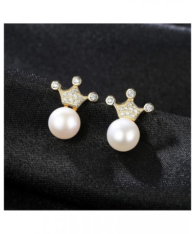 Gold Plated 925 Sterling Silver Dainty Queen Crown 7-7.5mm Freshwater Cultured White Pearl Stud Earrings with Clear Cubic Zir...