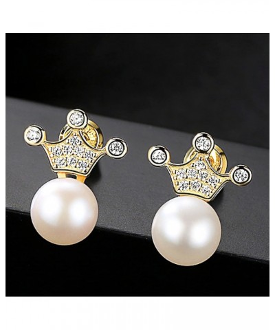 Gold Plated 925 Sterling Silver Dainty Queen Crown 7-7.5mm Freshwater Cultured White Pearl Stud Earrings with Clear Cubic Zir...