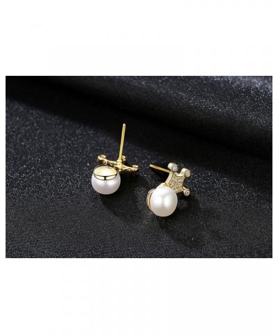 Gold Plated 925 Sterling Silver Dainty Queen Crown 7-7.5mm Freshwater Cultured White Pearl Stud Earrings with Clear Cubic Zir...