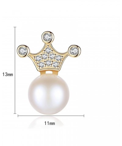 Gold Plated 925 Sterling Silver Dainty Queen Crown 7-7.5mm Freshwater Cultured White Pearl Stud Earrings with Clear Cubic Zir...