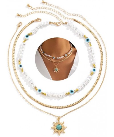 Boho Turquoise Necklace Gold Sun Pendant Necklaces Evil Eye Pearl Choker Necklaces Jewelry for Women and Girls $8.84 Necklaces