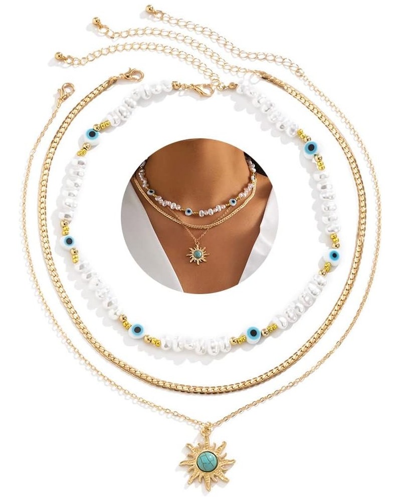 Boho Turquoise Necklace Gold Sun Pendant Necklaces Evil Eye Pearl Choker Necklaces Jewelry for Women and Girls $8.84 Necklaces