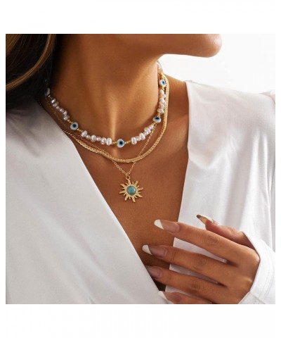 Boho Turquoise Necklace Gold Sun Pendant Necklaces Evil Eye Pearl Choker Necklaces Jewelry for Women and Girls $8.84 Necklaces