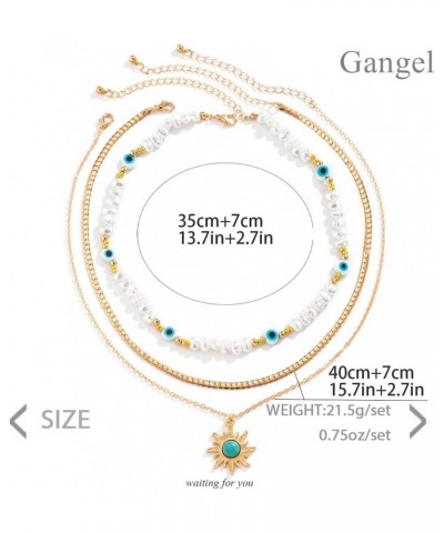 Boho Turquoise Necklace Gold Sun Pendant Necklaces Evil Eye Pearl Choker Necklaces Jewelry for Women and Girls $8.84 Necklaces