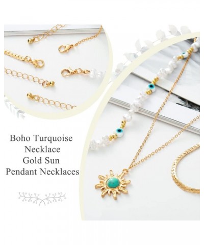 Boho Turquoise Necklace Gold Sun Pendant Necklaces Evil Eye Pearl Choker Necklaces Jewelry for Women and Girls $8.84 Necklaces