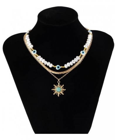 Boho Turquoise Necklace Gold Sun Pendant Necklaces Evil Eye Pearl Choker Necklaces Jewelry for Women and Girls $8.84 Necklaces