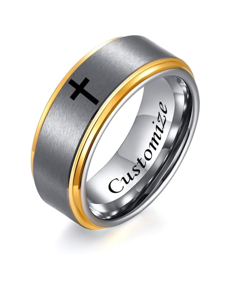 LCWQ Step Edge Design Frosted Religious Cross Tungsten Ring Wedding Band Personalized Engraved Inspirational 8mm Cross Jewelr...