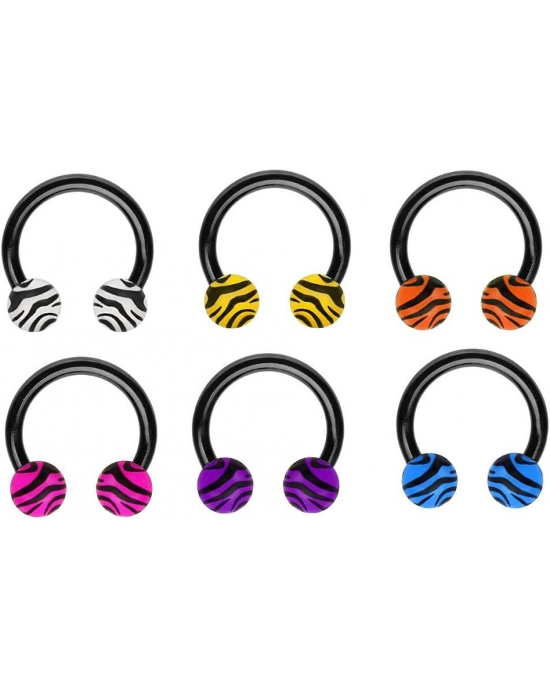 6 pc White Blue Pink Purple org YEL Zebra Black Horseshoe Lip Belly Nipple Eyebrow Septum Hoop Ring 16g 14g 12g 10g 8g 6g 4g ...