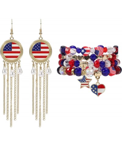 American Flag Jewelry Set for Women Girls Stretch Stackable beads Bracelet US flag Independence Day Earrings 4th of July Colo...