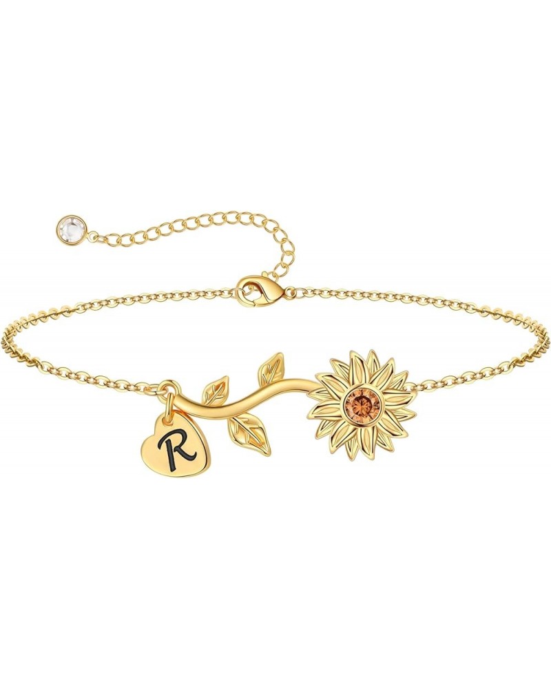 Sunflower Gifts for Girls Women - Sunflower Initial Bracelets, 14K Gold Plated Bracelet | Delicate Sunflower Jewelry | Heart ...