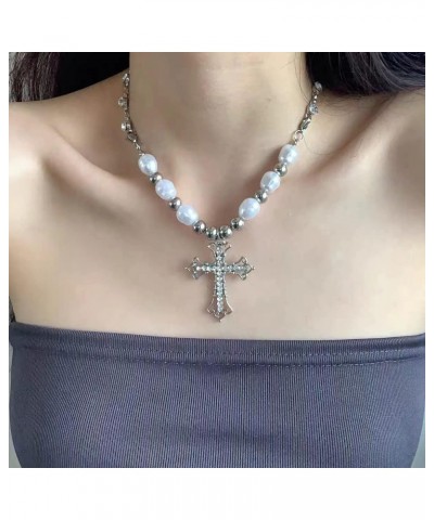 Punk Cross Choker Necklace Sparkling Gothic Diamond Cross Necklace Stitched Pearl Clavicle Chain Punk Choker Silver Pearl Bea...